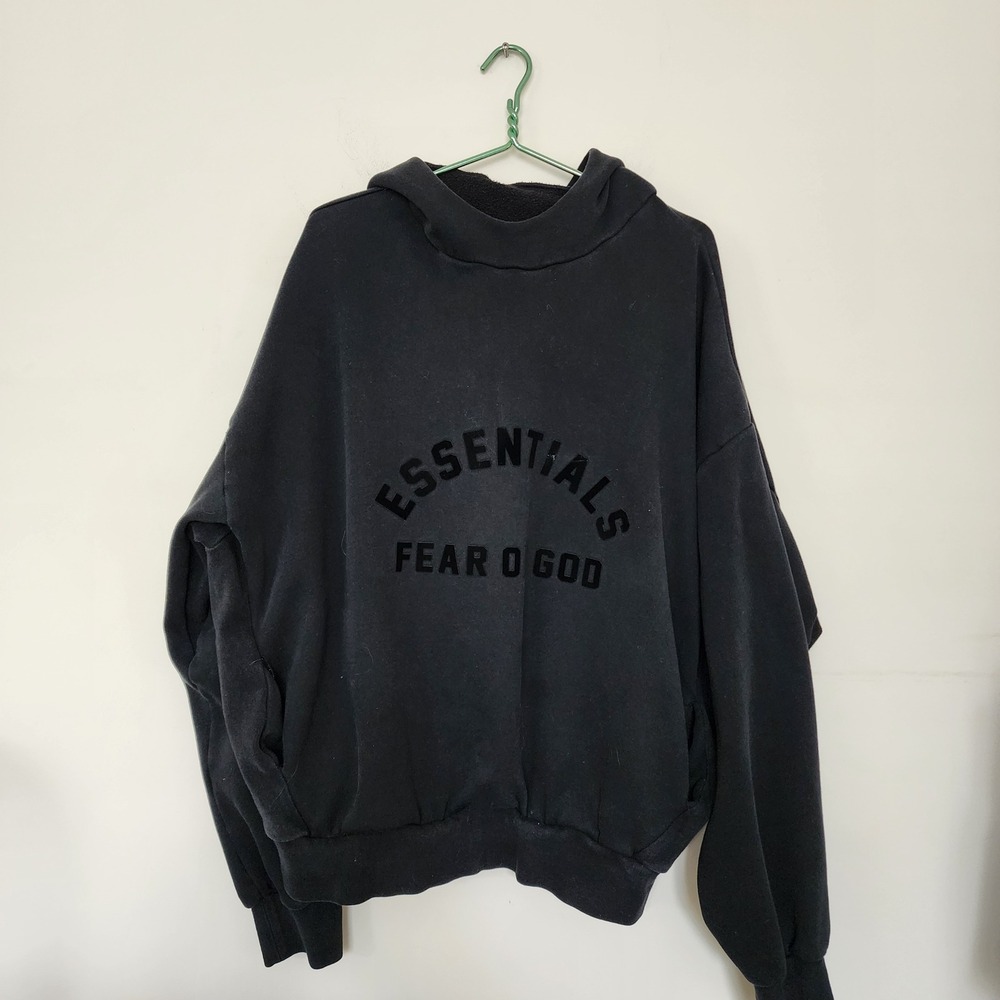 Fear of God Essentials Hoodie Black Logo Pullover Sweatshirt Mens Large